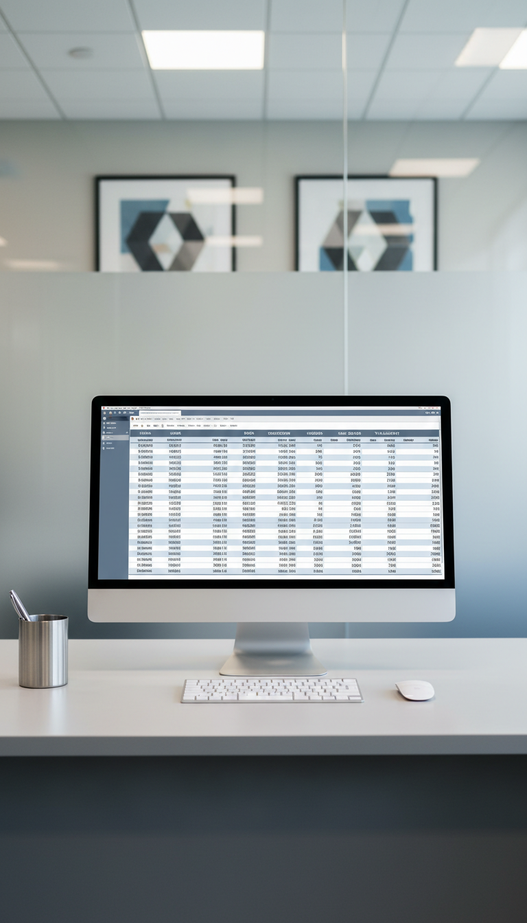 A crisp, modern desktop computer monitor displaying a detailed tax preparation spreadsheet in clear, orderly columns and muted blue-gray tones. The screen rests on a spotless, pale gray desk surface, paired with a slim, wireless keyboard and an elegant metallic pen holder. The background shows a frosted glass partition and simple corporate artwork in balanced symmetry. Bright, even office lighting creates subtle reflections and ensures every item is sharply defined. Photographed at eye level with a centered, wide-frame composition, the scene radiates professionalism and structured competence—in perfect alignment with the site’s focus on business and tax services, captured with photographic realism and a corporate aesthetic.