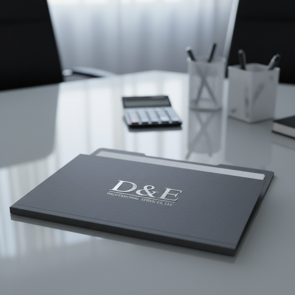 A close-up of a branded, professional tax preparation folder made from high-quality, textured charcoal-gray cardstock, embossed with a subtle silver D & E PROFESSIONAL SERVICES, LLC logo. The folder is placed on a glass meeting table with a hint of white paper peeking from within. The neutral background includes a blurred calculator and a minimalist, geometric desk organizer, all bathed in cool, diffused overhead office lighting. The camera frames the folder in the lower third with a shallow depth of field, creating an impression of focus and precision. The composition is clean, balanced, and evokes a sense of dependable, corporate professionalism with a minimalist, photographic aesthetic.